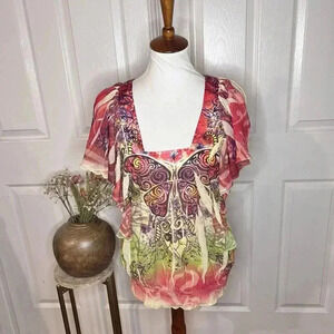 Oneworld Womens Butterfly Flutter Sleeve Blouse‎ Sz Medium Boho Y2K Dopamine